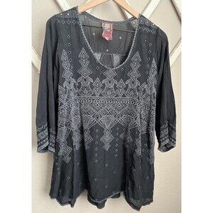 Johnny Was Embroidered Women's L Cupra Rayon Top Blouse Boho - Black